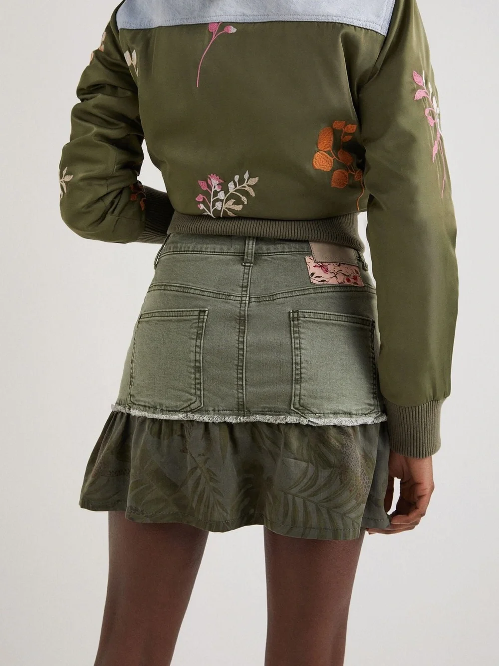 New Desigual Flounce Patchwork Denim Mini Skirt Size US 0/2 Tropical Print Green